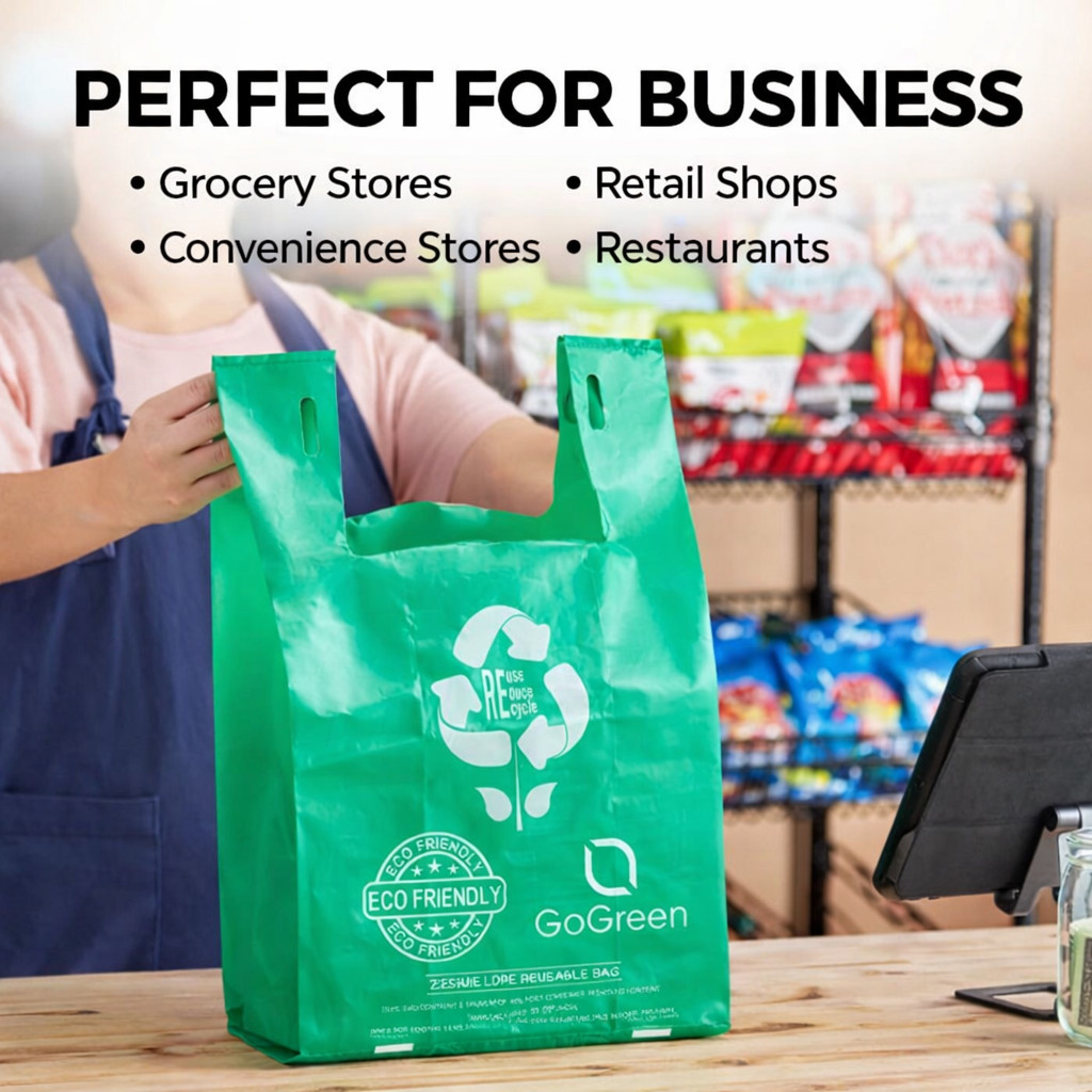 Reusable Grocery Bags 2.25 Mil Heavy Duty Green T-Shirt Bags 1/6 Size Bulk
