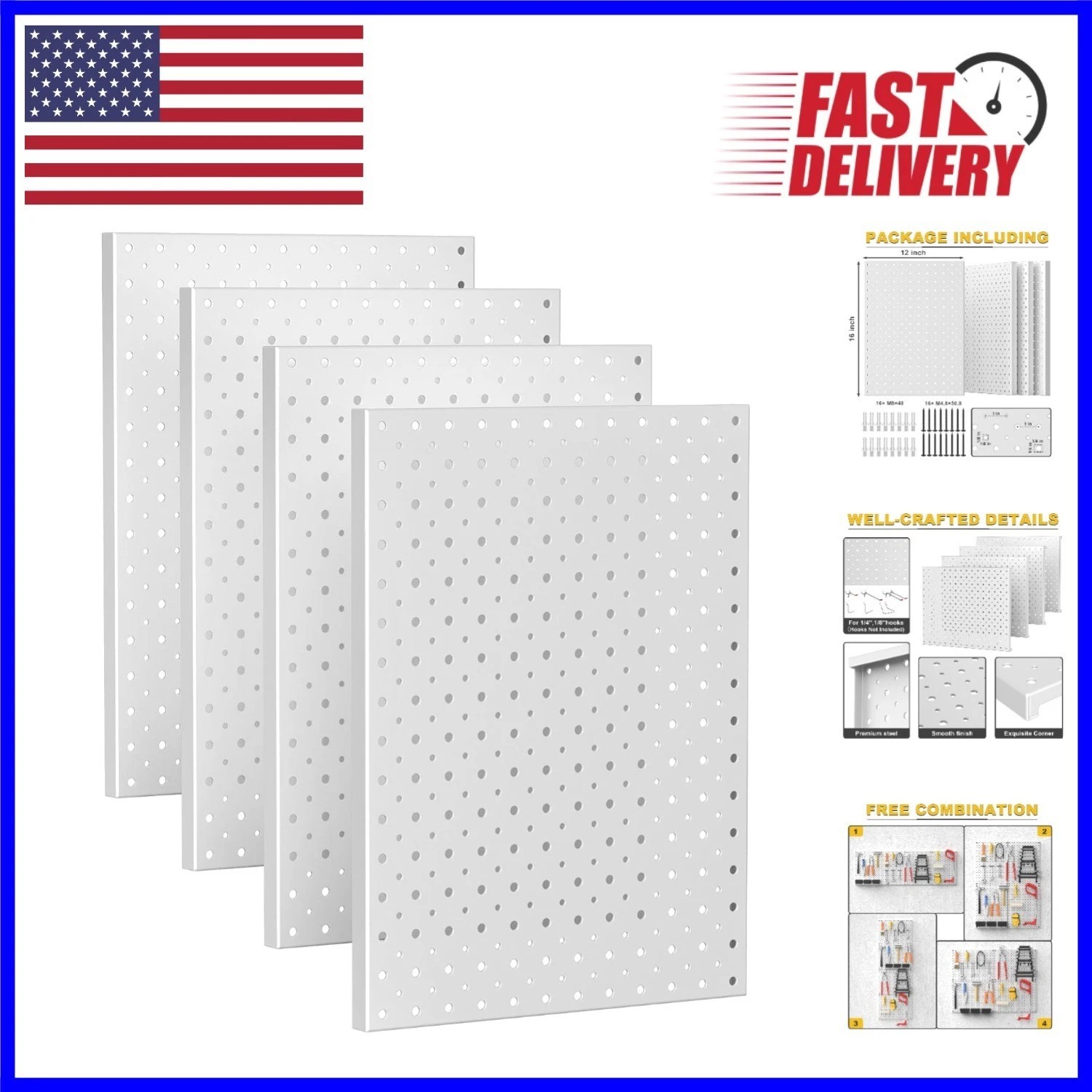 Rust-Resistant Gray Metal Pegboard Panels – 4 Piece Wall Organizer Set