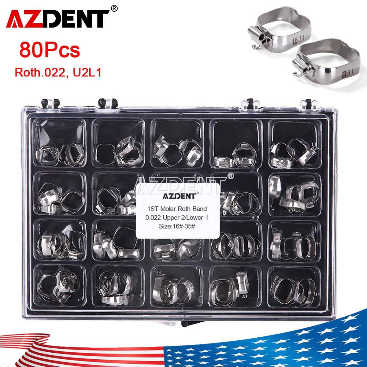80 Pcs AZDENT Dental Orthodontic 1st Molar Bands Buccal Tubes Roth 022″ 16#-35#