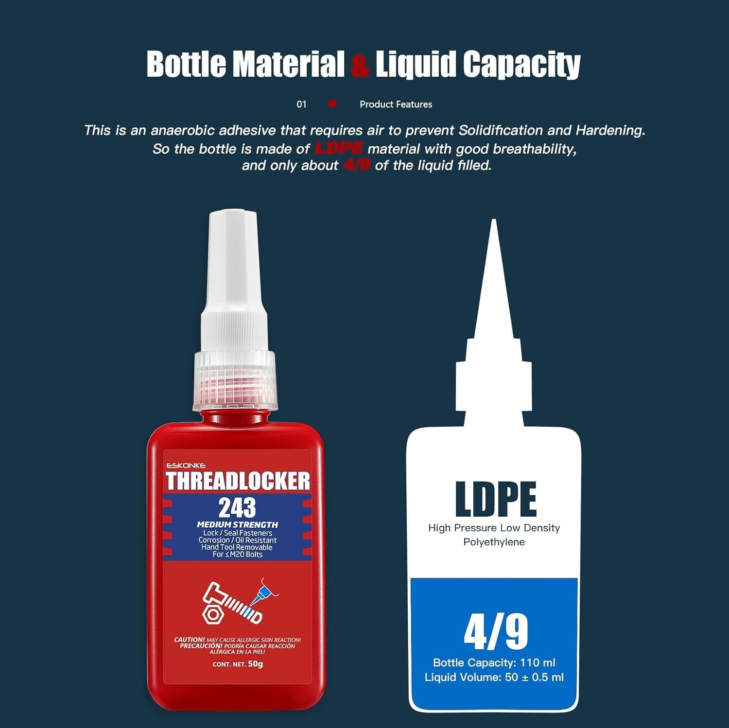 Loctite 243 Blue Medium Strength Threadlocker, 50 mL, 1.69 oz, 3/4″ Thread