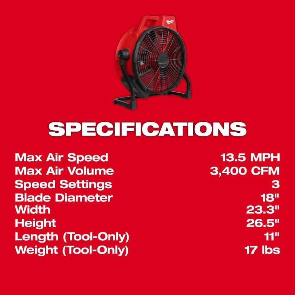 Milwaukee M18 Brushless 18In Work Shop Fan (Bare Tool)