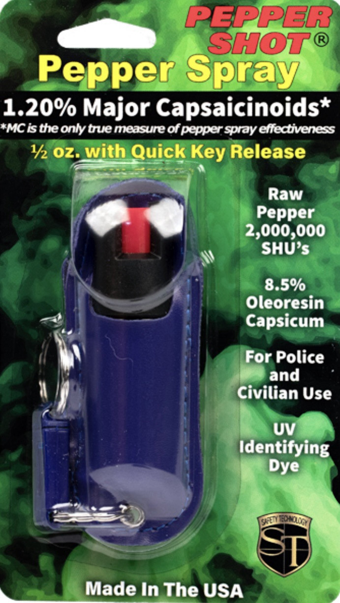 Police DEFENSE Pepper Spray 1/2 BLUE Keychain LEATHER Safety LOCK QUIK RELEASE