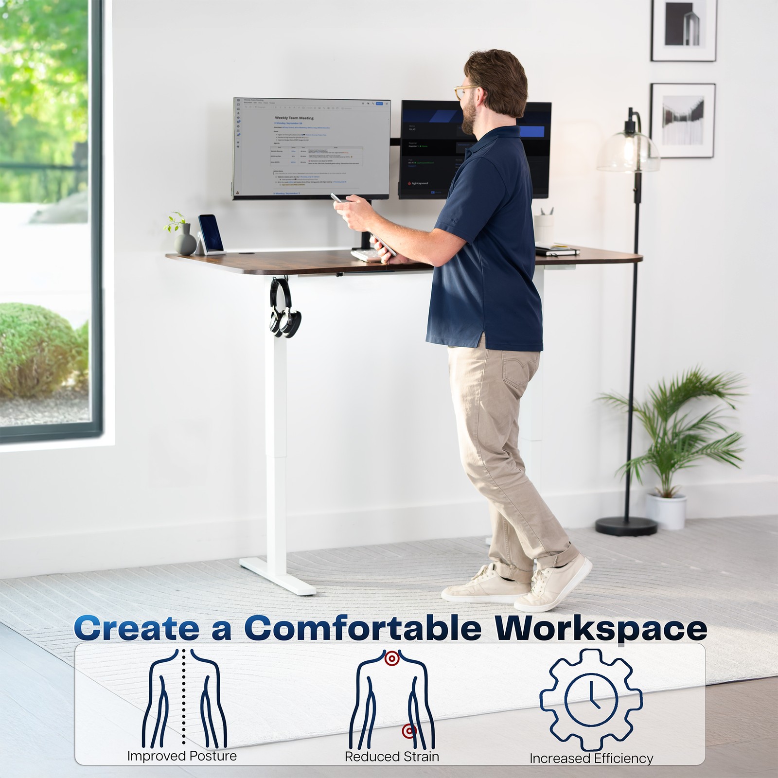VIVO Electric 63” x 32” Standup Desk, Rustic Vintage Brown Tabletop, White Frame