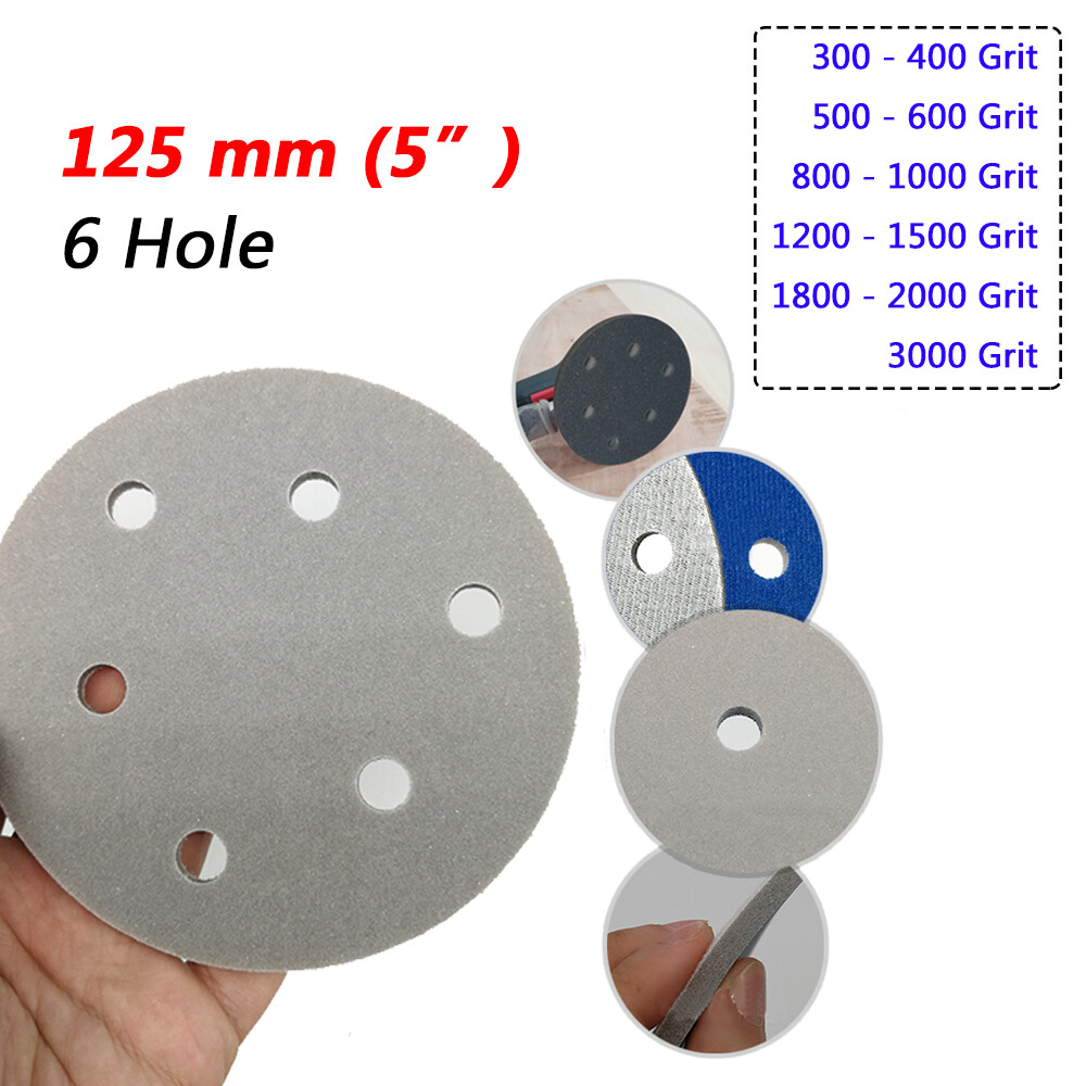 6 Hole Ø 5″ 125mm Hook & Loop Sanding Discs Polishing Sponge Sandpaper 300-3000#