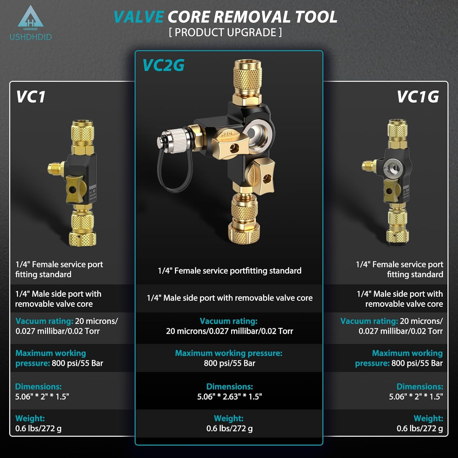 VC2G 1/4″ Valve Core Removal Tool Dual Valve with Sight Glass – Vacuum-Rated 20