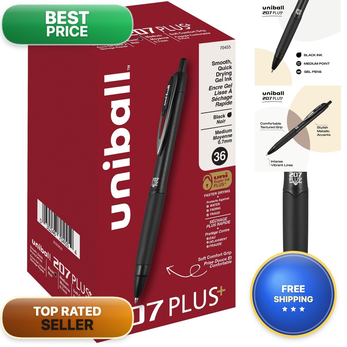 Uni-Ball 207 Plus+ Gel Pens Black Ink 0.7mm Medium Point 36 Count