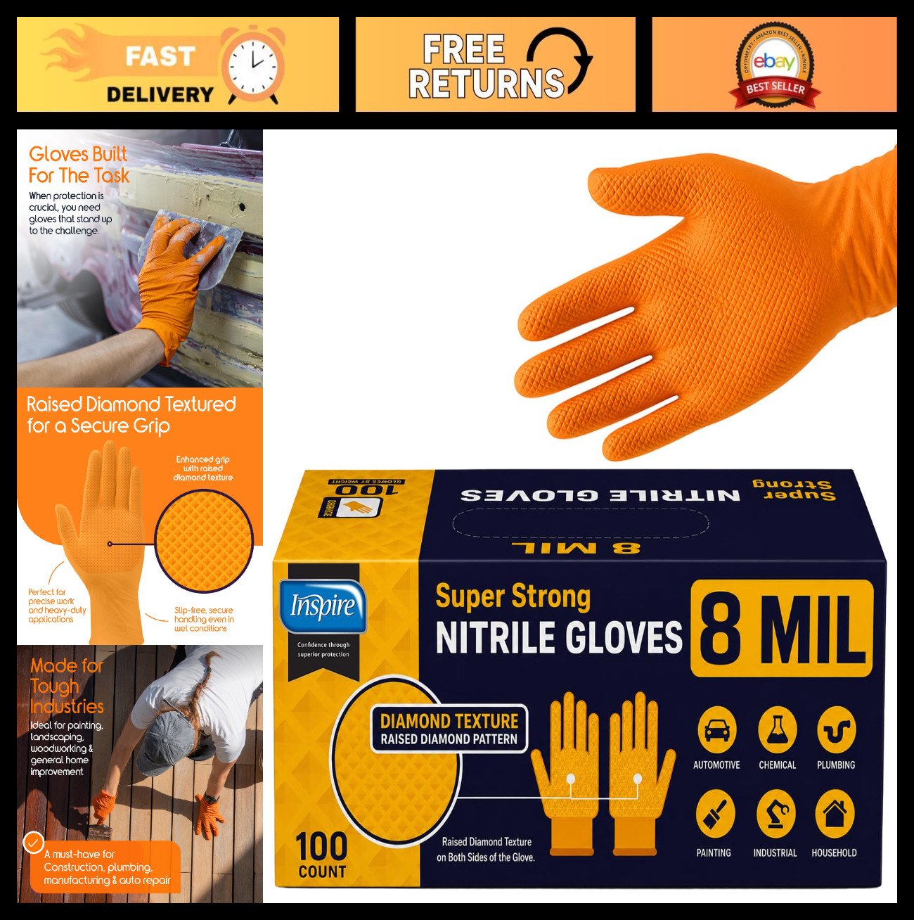 Heavy Duty Orange Nitrile Gloves | 8 Mil Diamond Textured Grip | Industrial Clea