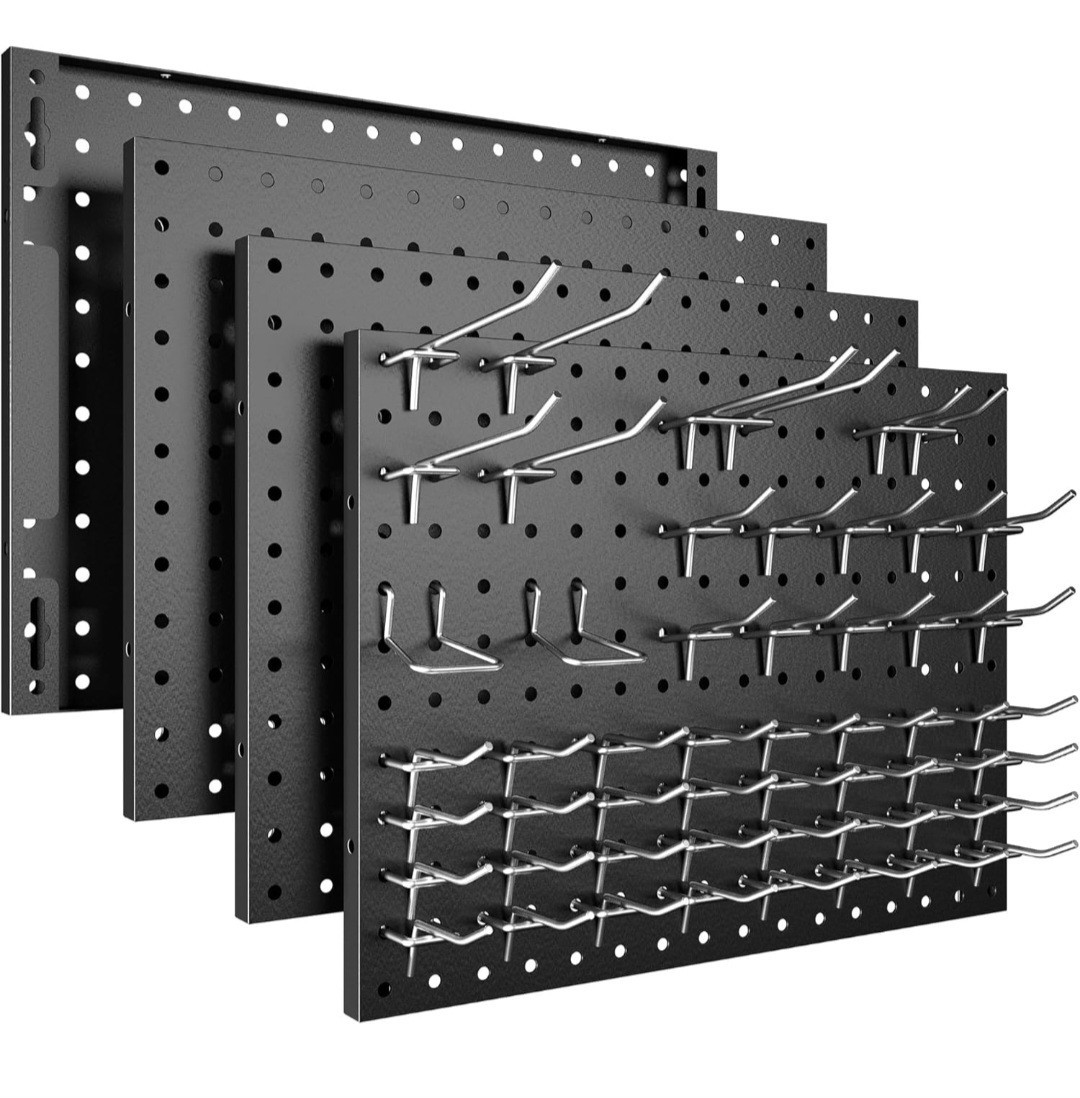 Peg Board, 4 Pack Metal Pegboard Panels without Hooks, Black Pegboards Wall…