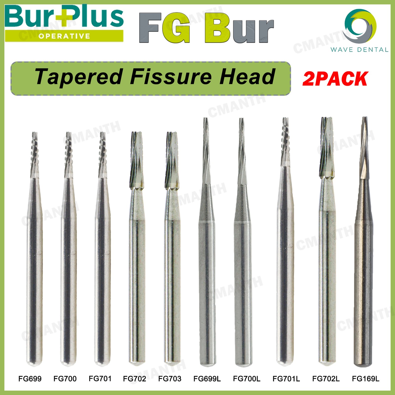 2 PACK WAVE Dental Carbide Burs FG Tapered Fissure Cross Cut Burs Fit High Speed