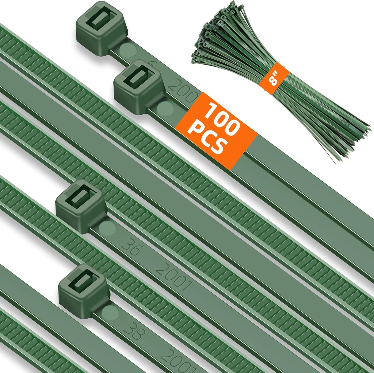 8 Inch PA66 Green Zip Ties, 100 Pcs 3.6mm Wide Heavy Duty Plastic Wire Ties w…