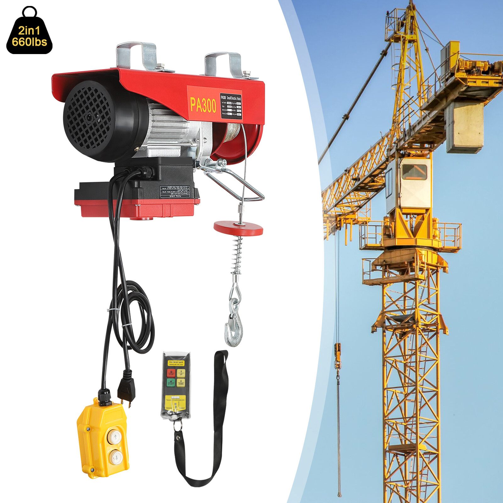 Electric Hoist 660LBS with Wireless Remote Control & Single/Double Slings Winch
