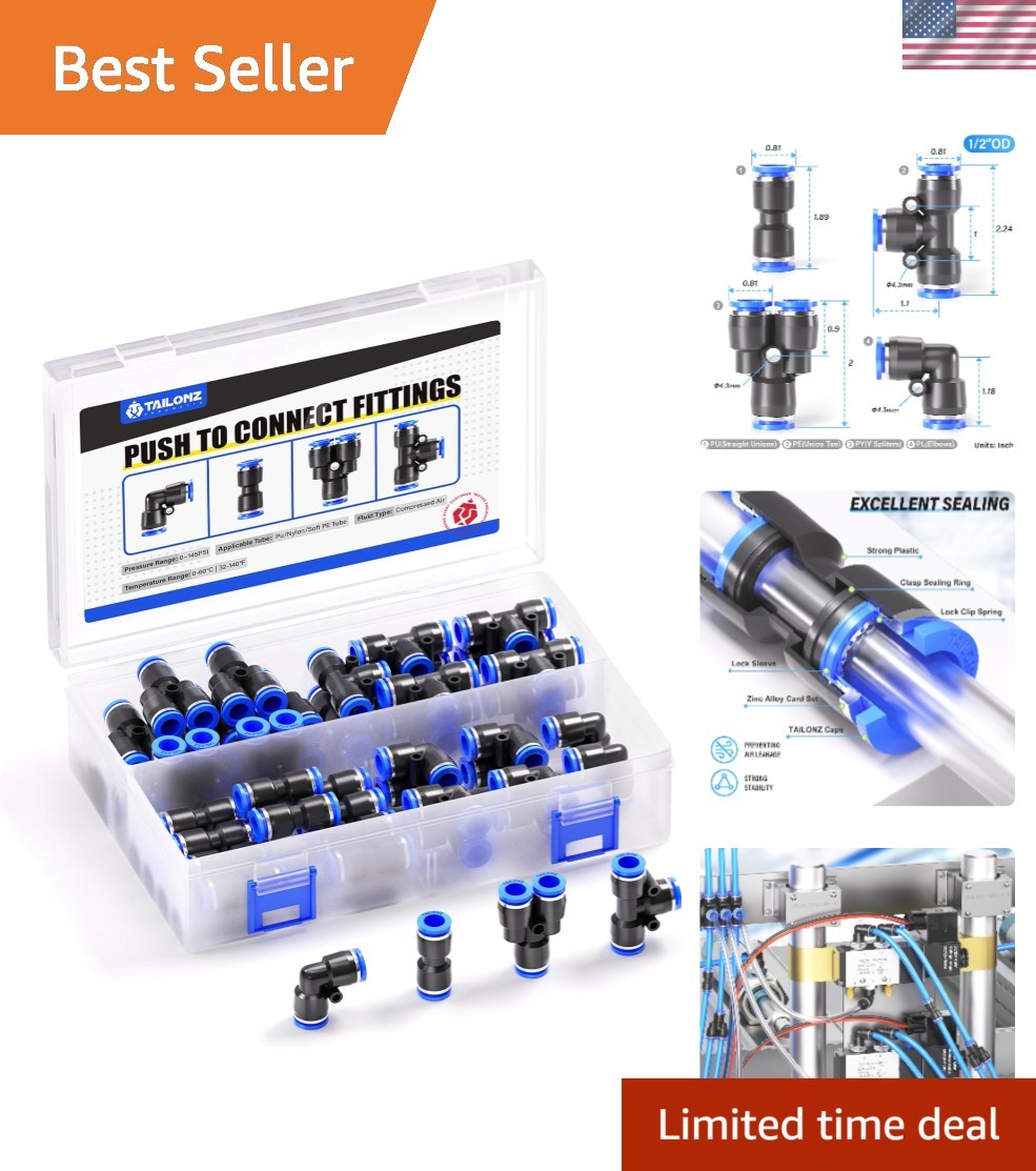 High Pressure 1/2 Inch Push to Connect Fittings – 40 Piece for Pneumatic Systems