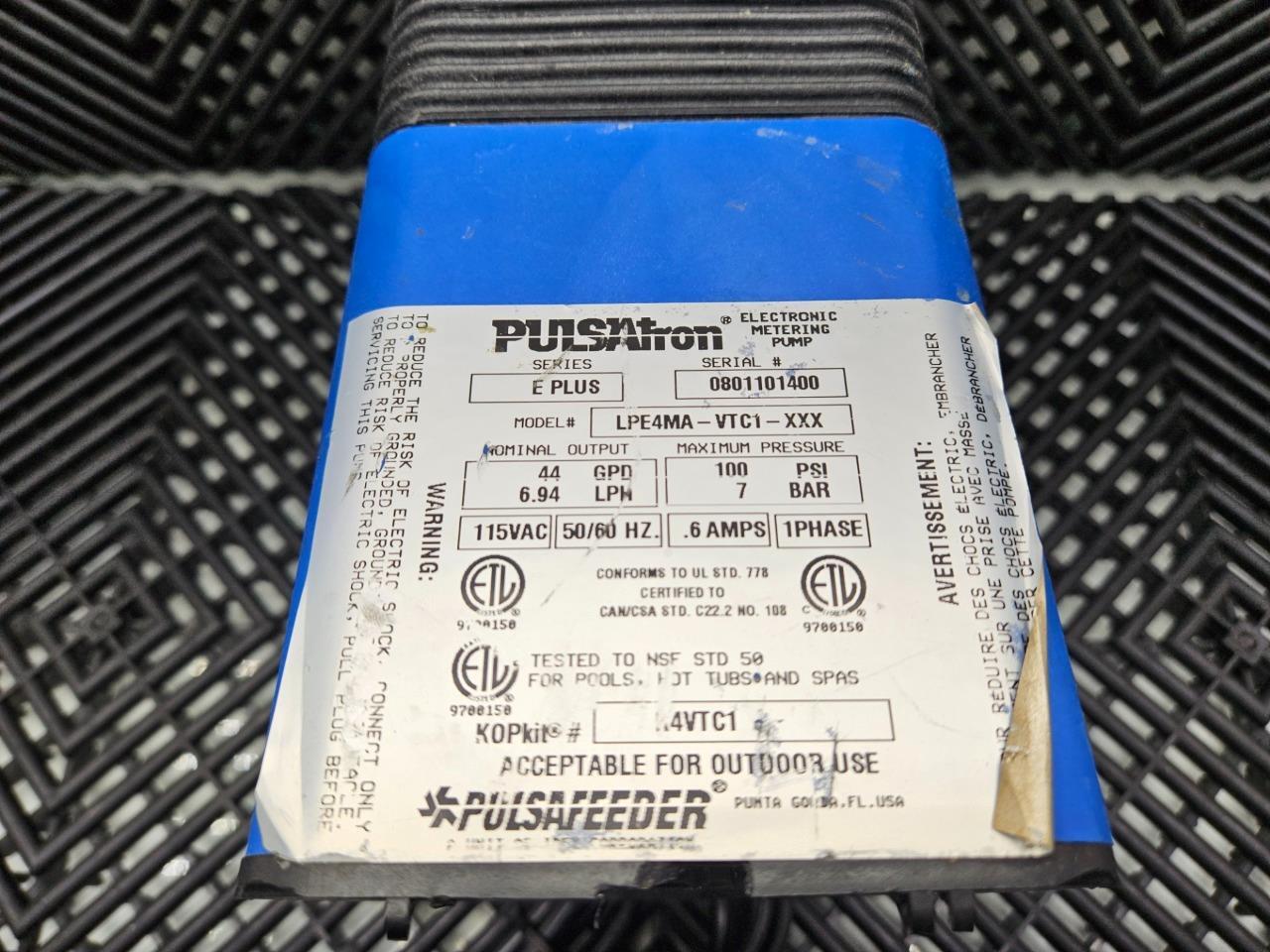 Pulsatron LPE4MA-VTC1-XXX, 115VAC Metering Pump 100psi, 44GPD