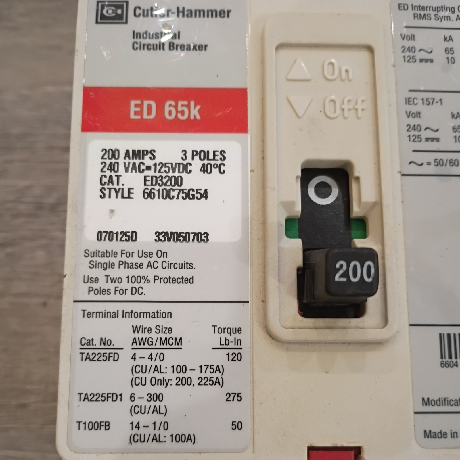 Cutler-Hammer ED 65k 200A 3-Pole Industrial Circuit Breaker