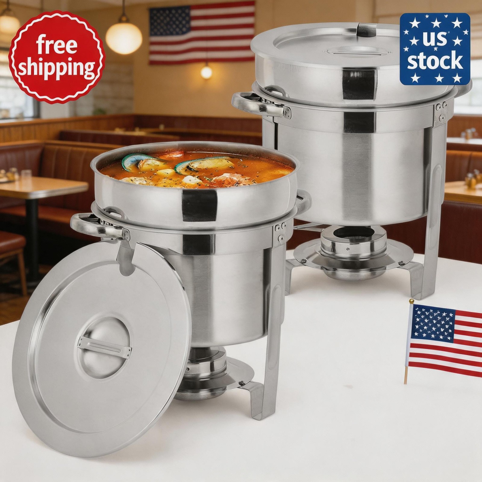 Soup Warmer Set, 2 Pack Stainless Steel Round Soup Chafer Commercial 7QT