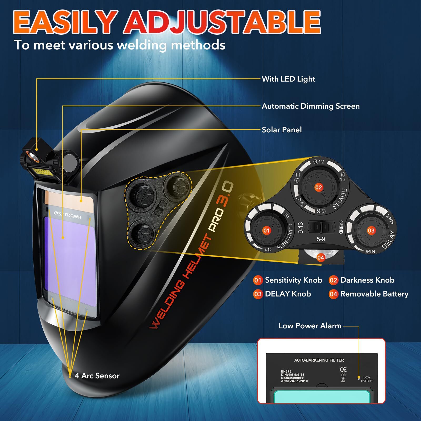 Panoramic 180° View True Color Auto Darkening Welding Helmet with 4 Arc Sensors