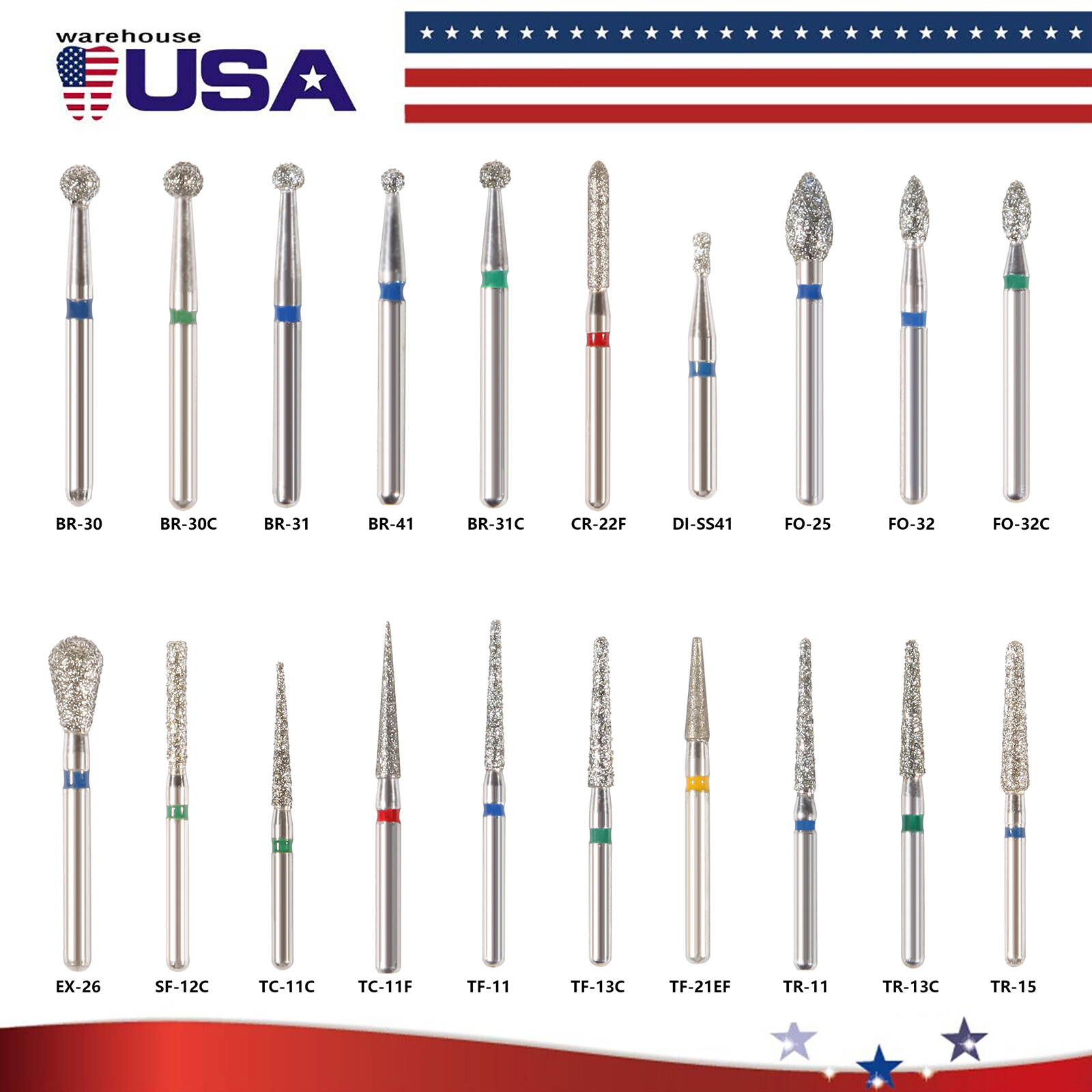 20Types 100Pcs Dental Diamond Burs Drills For High Speed Handpiece Medium FG BUR