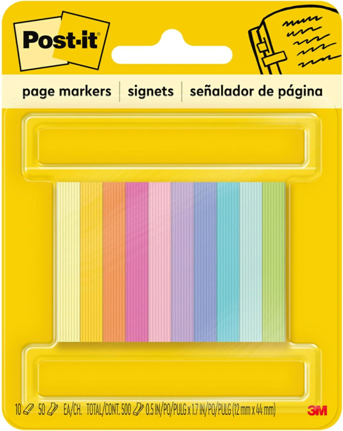 Post-It Page Markers, Assorted Bright Colors, 1/2 in X 2 In, 50 Markers/Pad, 10