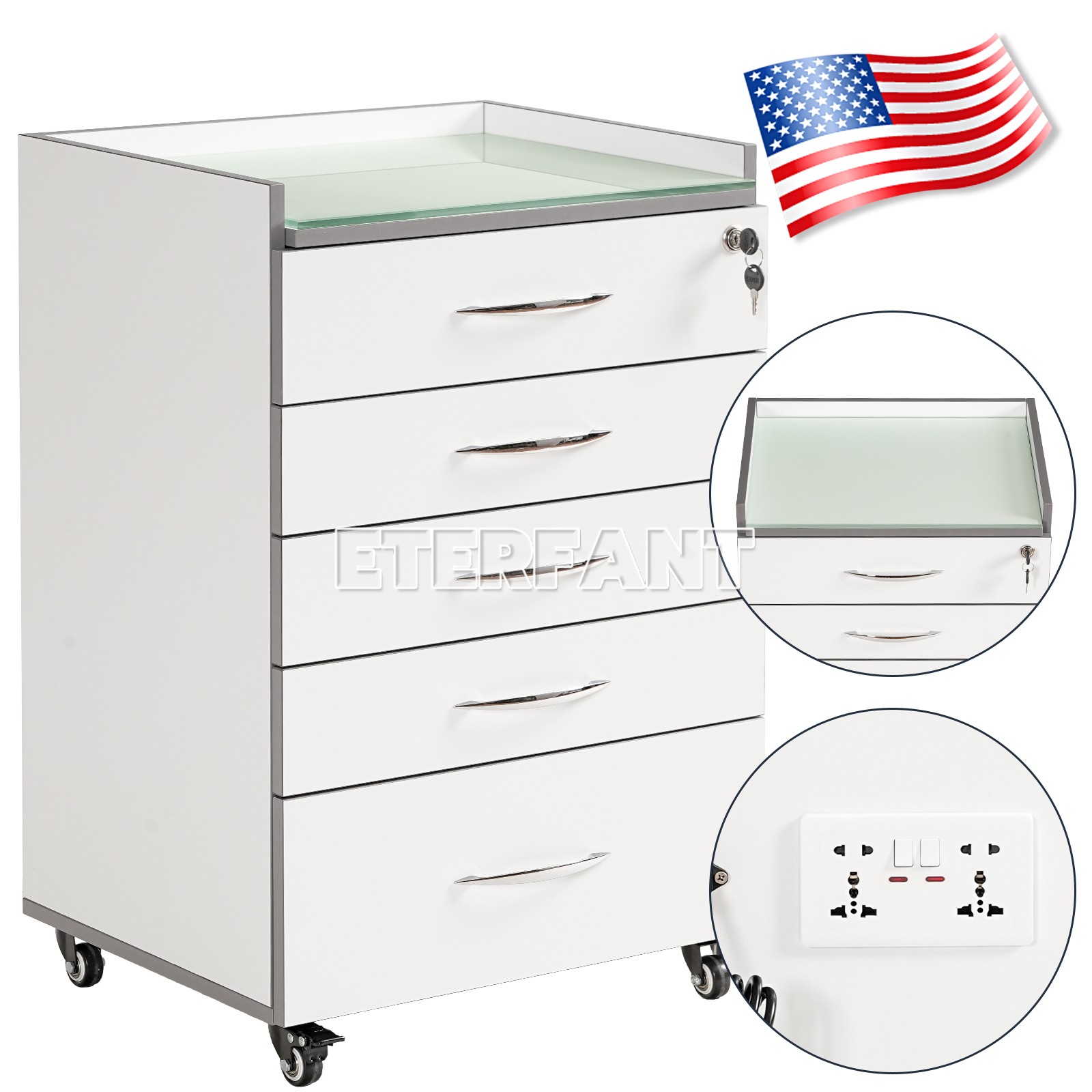 Dental 3 Layer Medical Cart Trolley Tool/5 Drawers Rolling Storage Cart+Socket