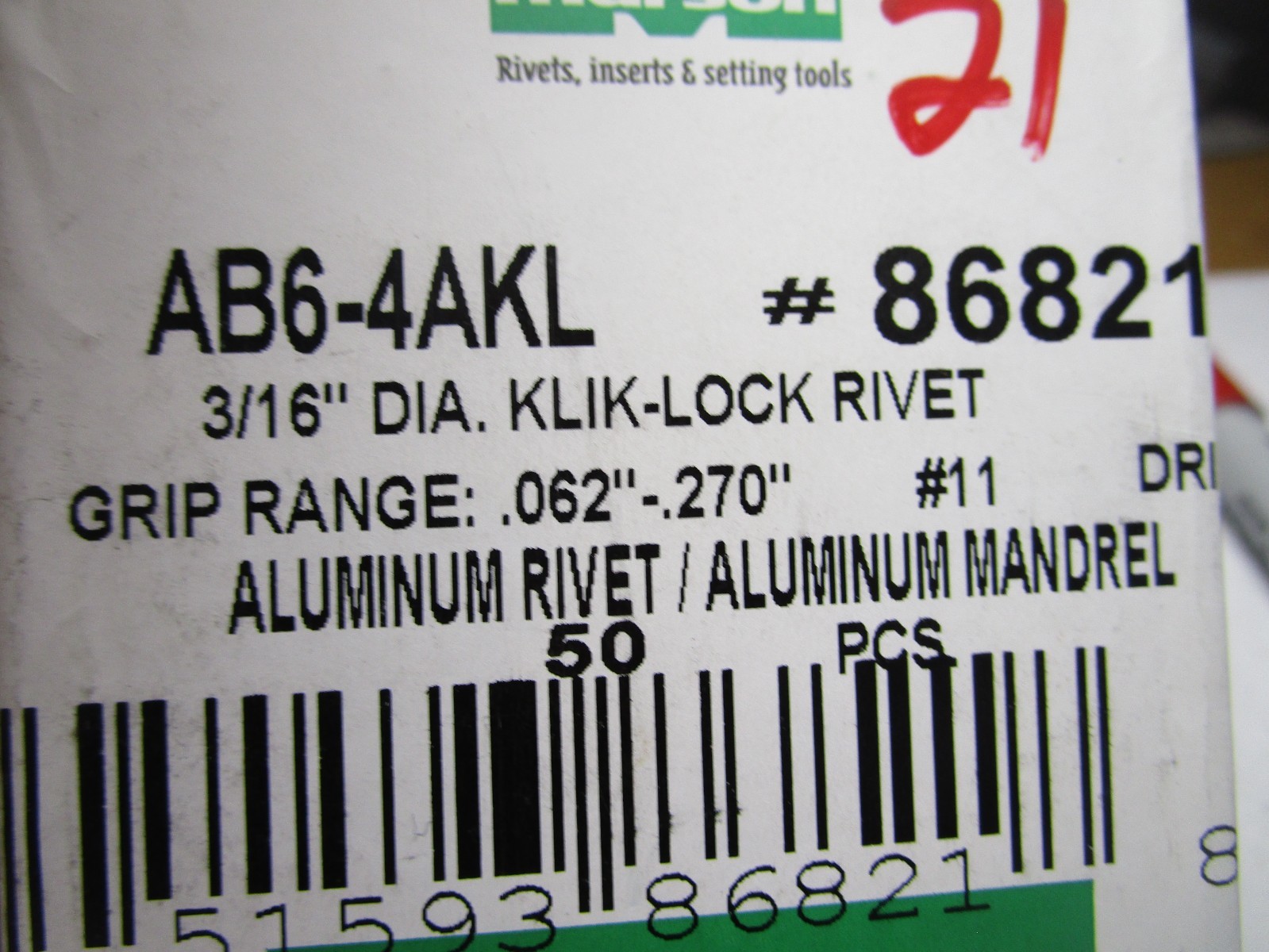 Structural Blind Rivet Dia. 0.188″ (3/16″) 0.062″ 0.270″ BH AL/AL QTY 50