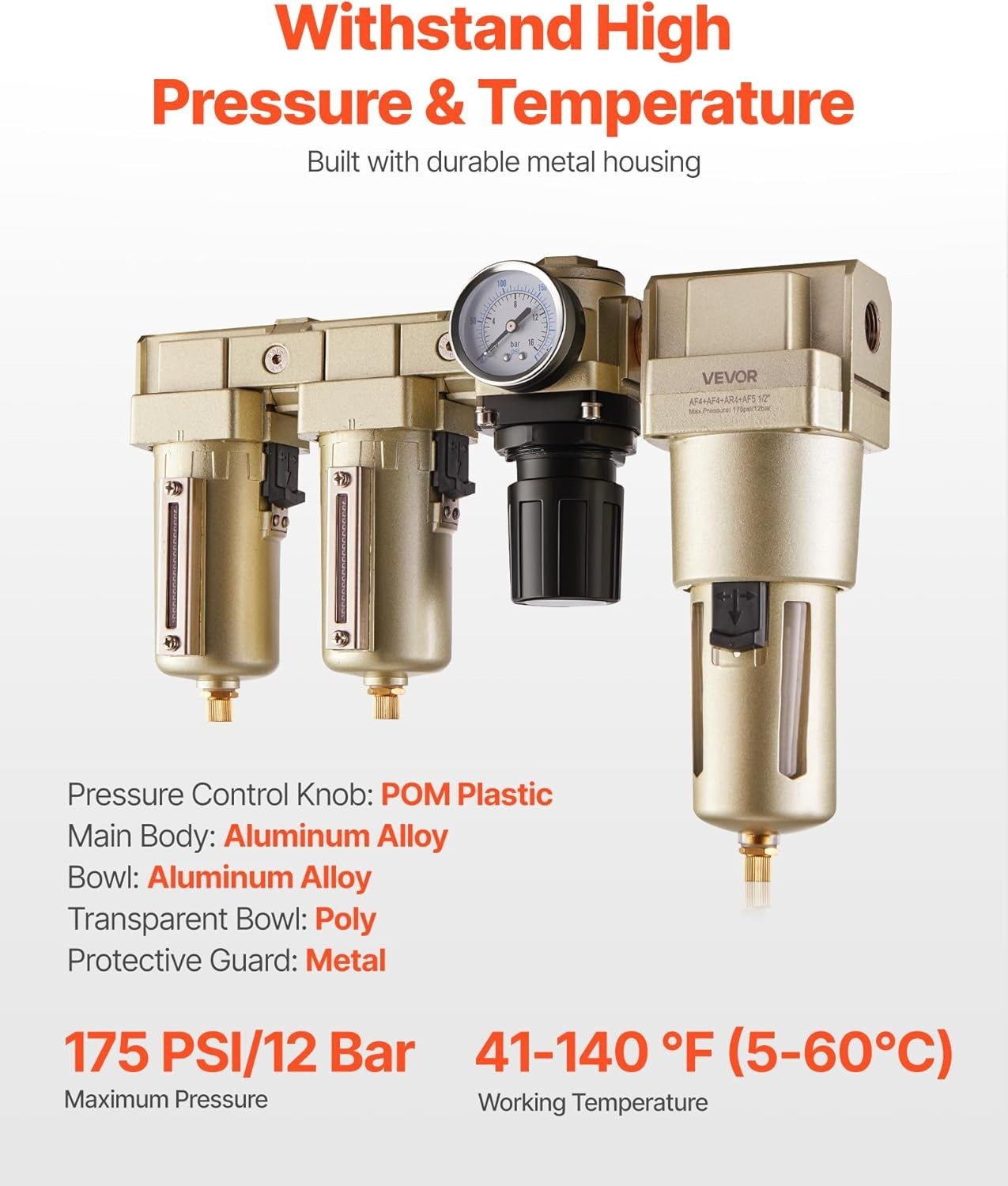 VEVOR Air Compressor Filter Regulator Combo, 1/2″ NPT 3-Stage 25μm & 5μm & 0.3μm