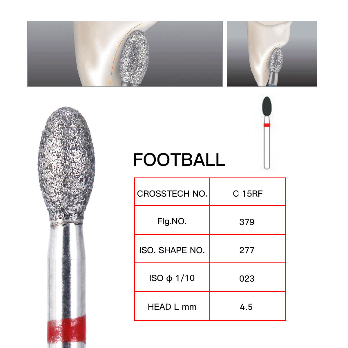AZDENT Dental FG Diamond Burs FOOTBALL 379-023F FINE RED DEFEND Friction Grip