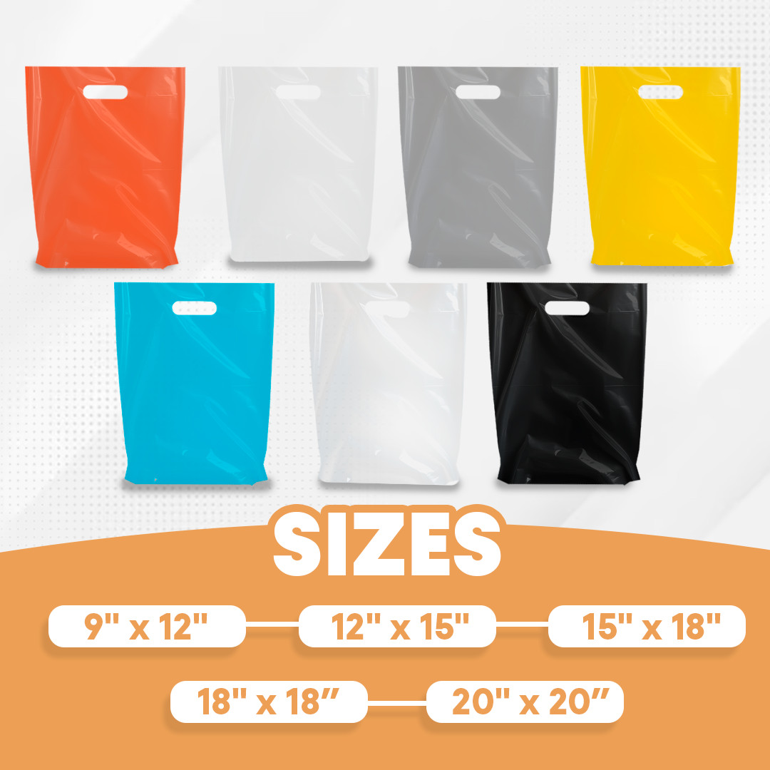Retail Plastic Merchandise Bags, Die Cut Handles, Different Sizes and Colors