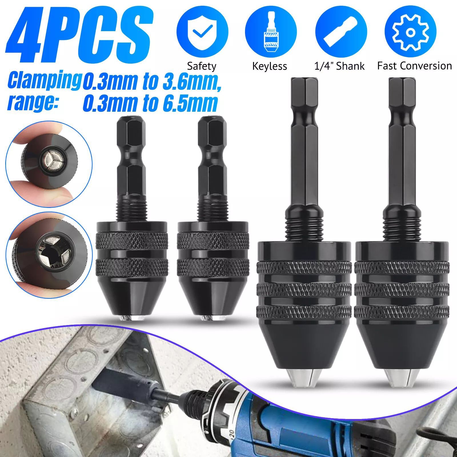 4Pcs 1/4-inch hex shank Versatile Conversion Drill chuck for 0.3-6.5 mm/3.6 mm