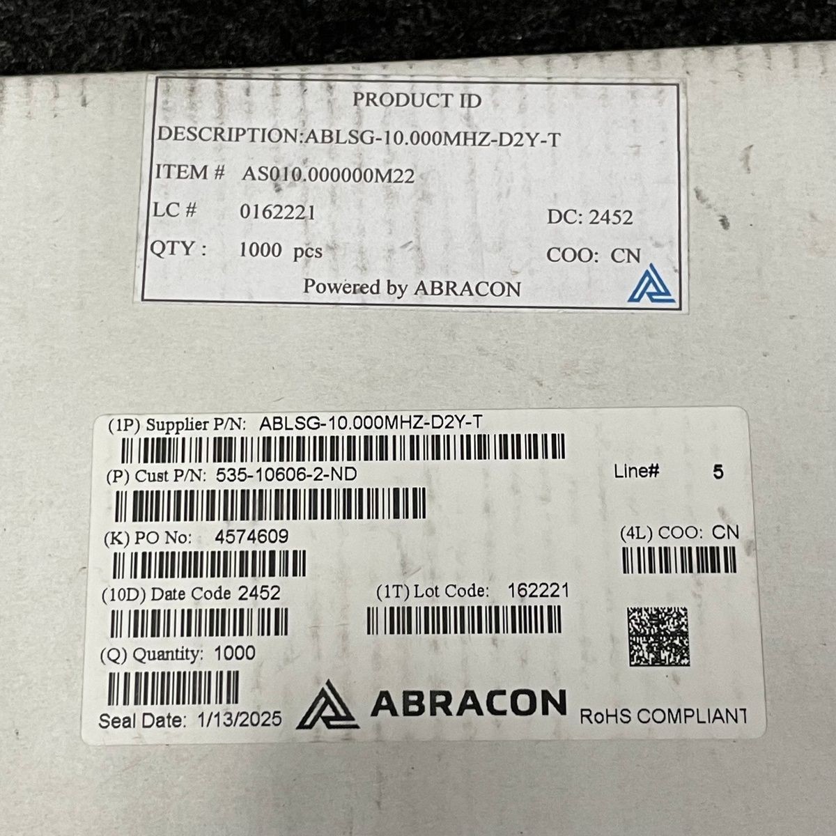 ABRACON 10 MHz ±20ppm Crystal ABLSG-10.000MHZ-D2Y-T, Lot of 1000