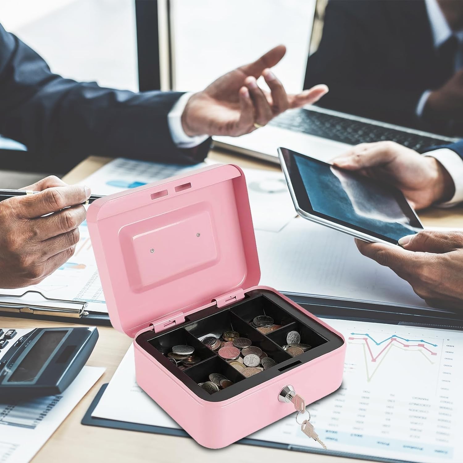 Locking Steel Medium Cash Box with Removable Coin Tray and Key Lock,7.87″x 6….
