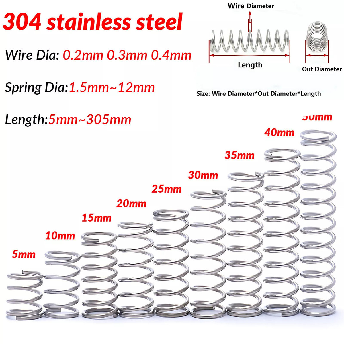 0.2mm-0.4mm Wire Dia 304 Stainles Steel Compression Spring Pressure Small Spring