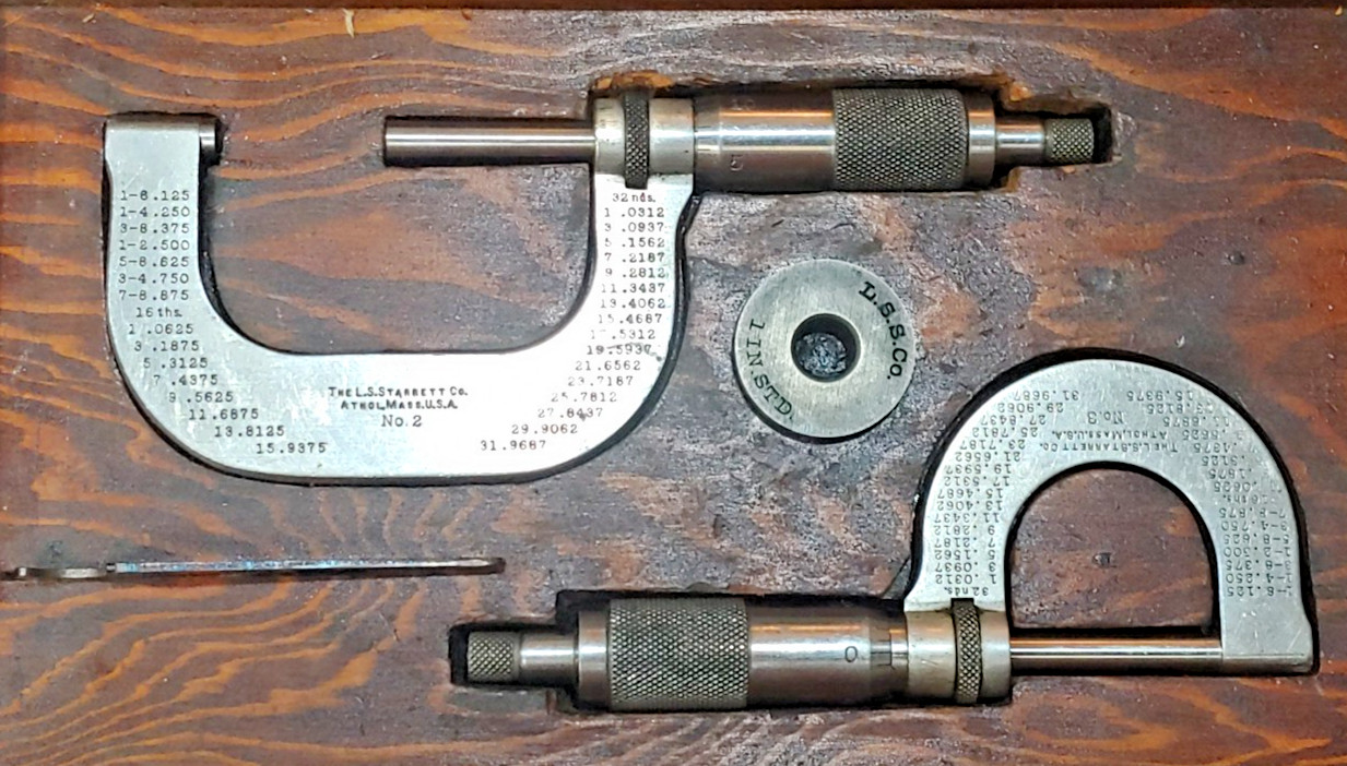 2- L.S. Starrett Micrometers No. 2 & 3, 0-1″ and 1″-2″ Wood box w/standard USA