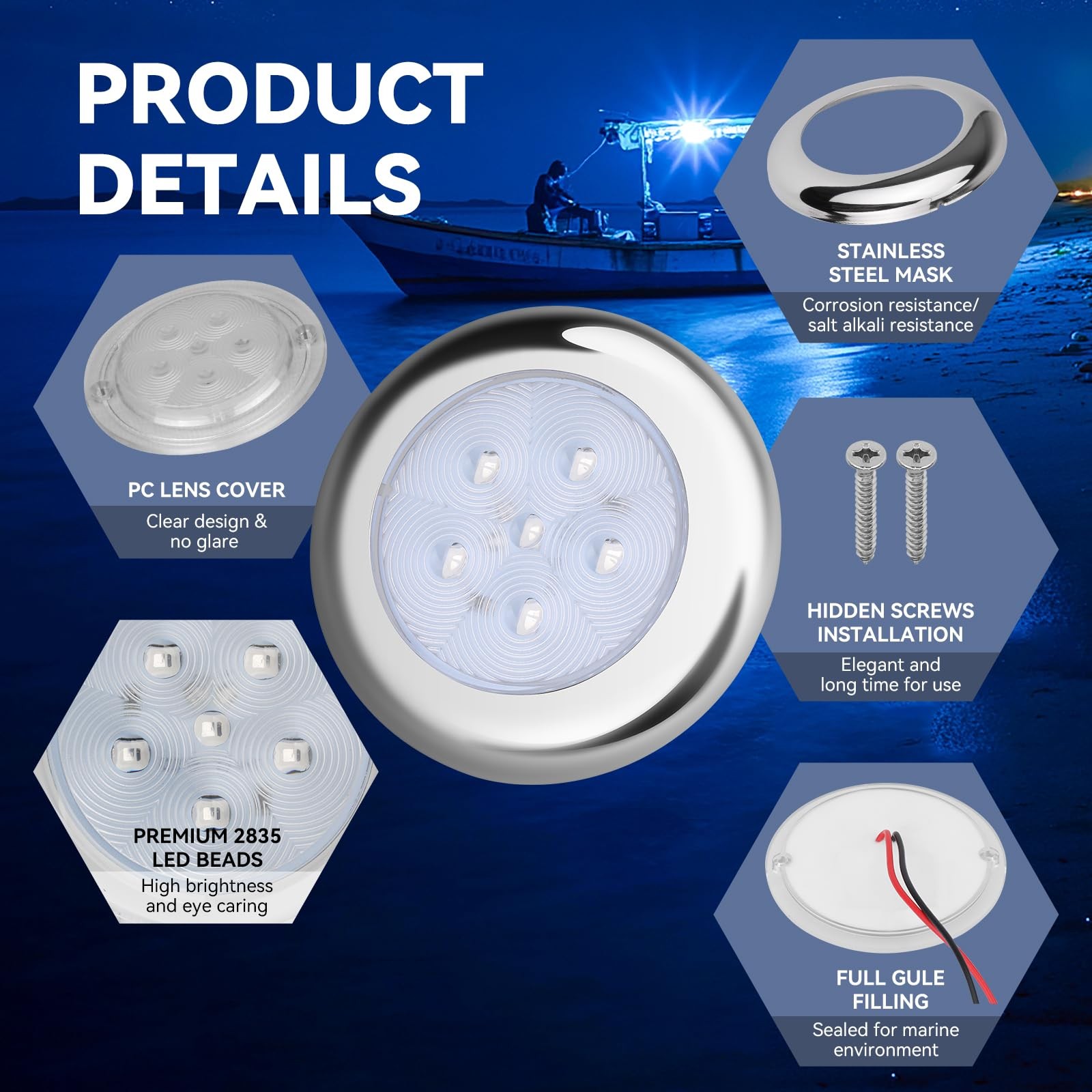Boat Interior Lights IP68 Waterproof Blue 4 Piece Marine LED Stern Night Fishing
