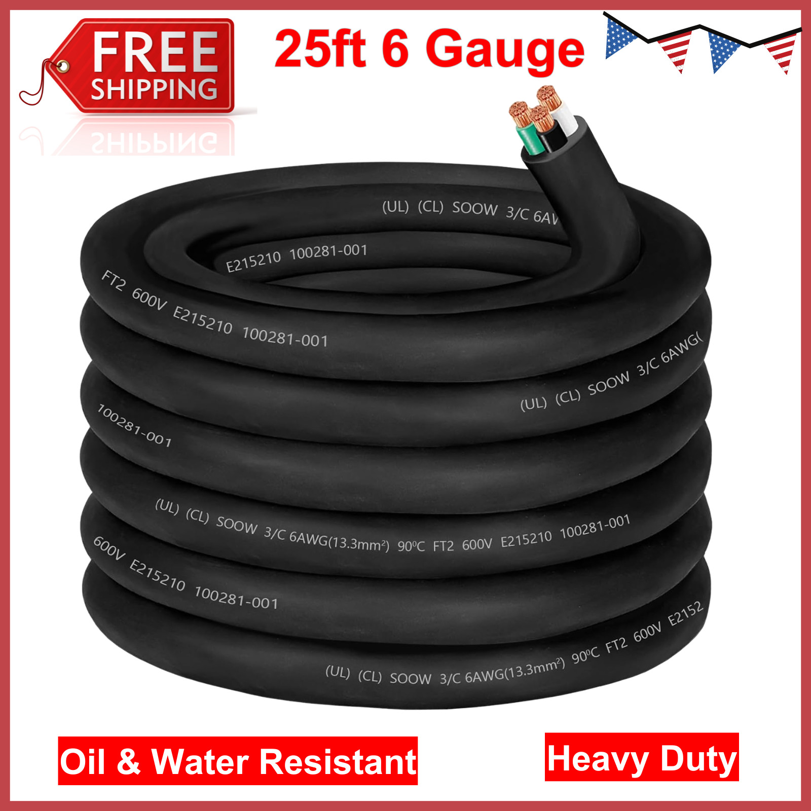 6/3 6 Gauge Wire SOOW Cable 3 Conductor 6 Gauge Electric Portable Power Cord 25′