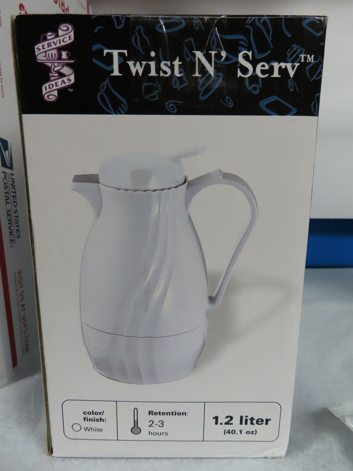 NISB TWIST N’ SERV WHITE 40.1 OZ. KEEPS LIQUIDS HOT OR COLD FOR 2-3 HOURS.