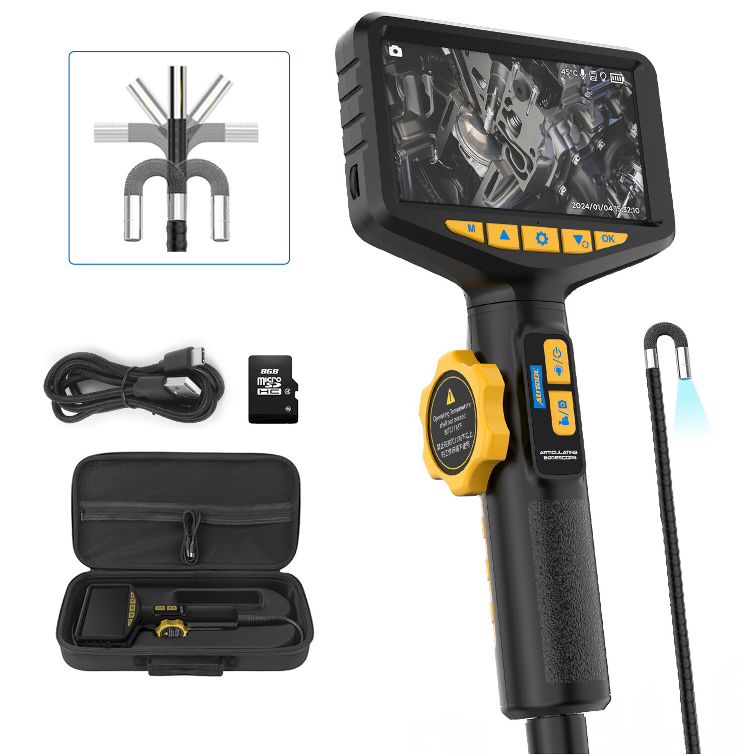 Endoscope Camera 1080p HD Articulating Borescope Inspection Two-Way 210° 6.35mm