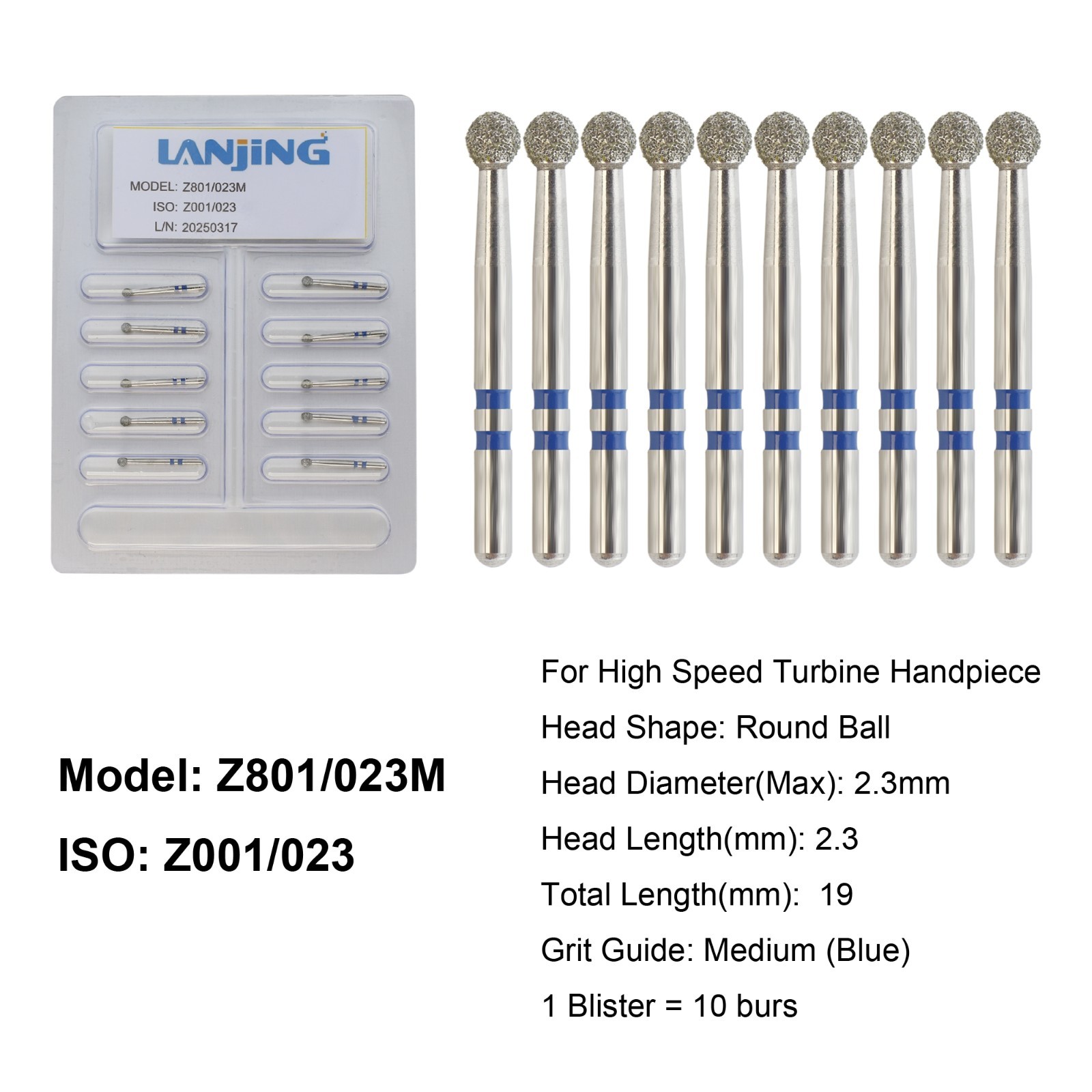 Dental Zirconia Cutting Diamond Burs FG Round End Taper Round Ball Football Z856