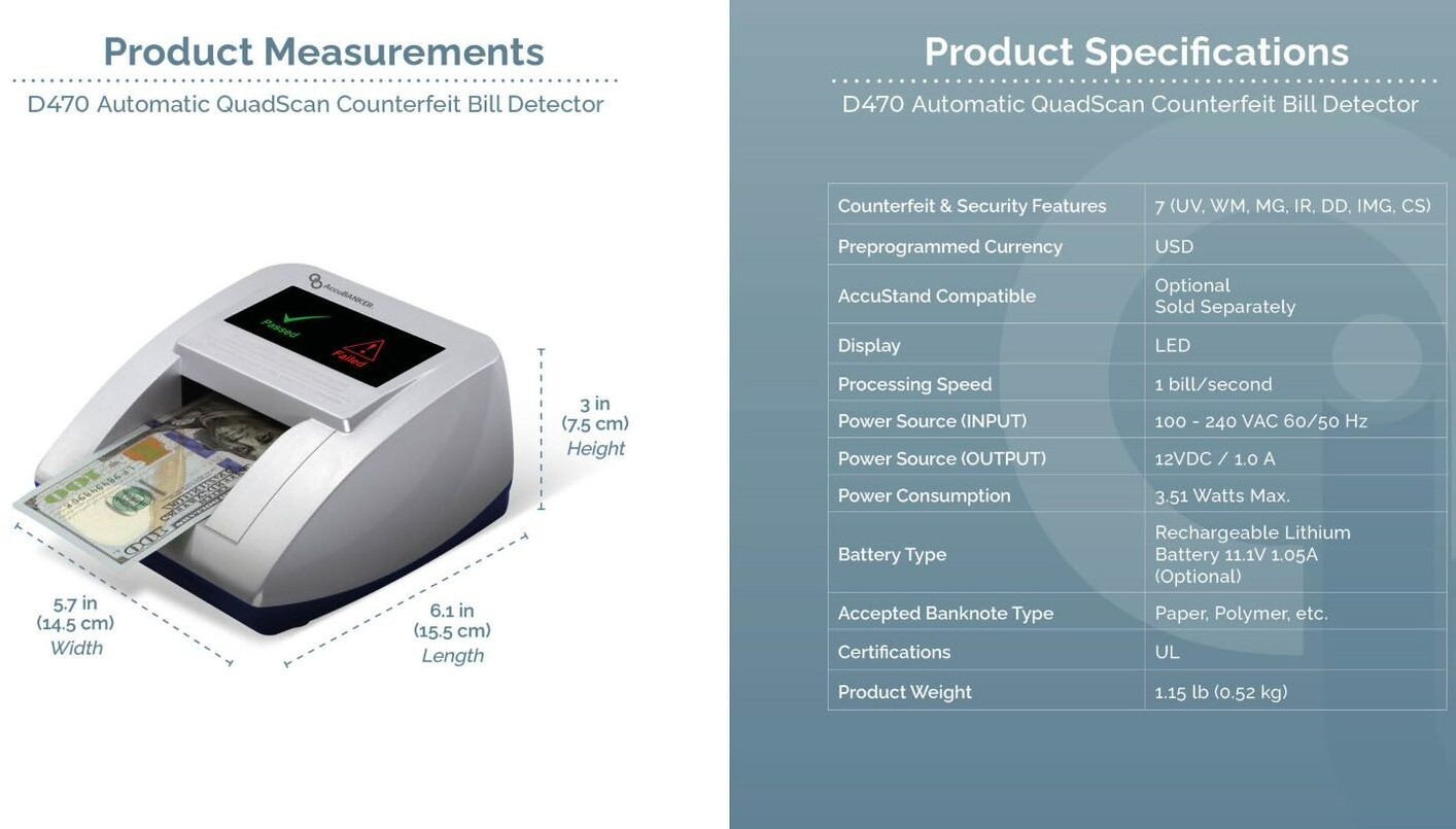 AccuBANKER D470 7-Point Counterfeit Bill Detector, Commercial Grade, UL Listed