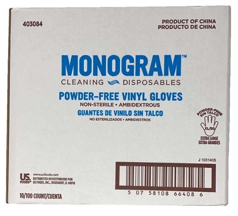 Monogram 403084 Extra Large Powder Free, Clear, Vinyl Gloves (10 box/100 gloves)
