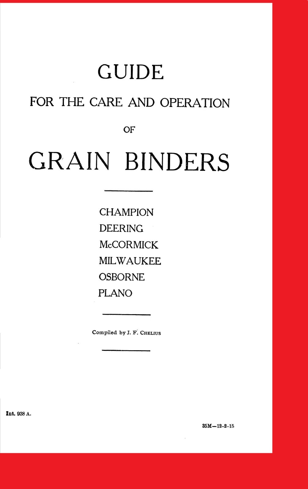 Guide for the Care and Operation of Grain Binder IHC McCormick Deering Champion