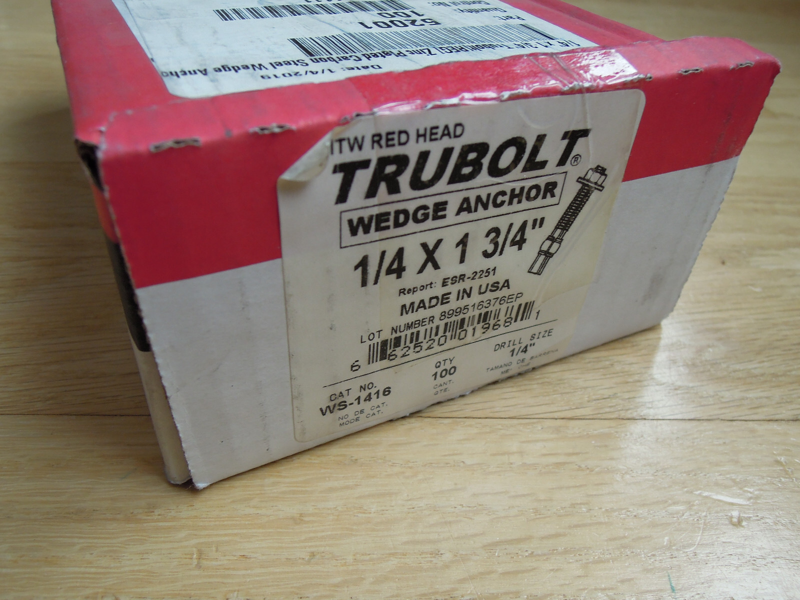 ITW Redhead Trubolt Masonry Concrete Wedge Anchor 1/4″ x 1-3/4″ Box Of 100