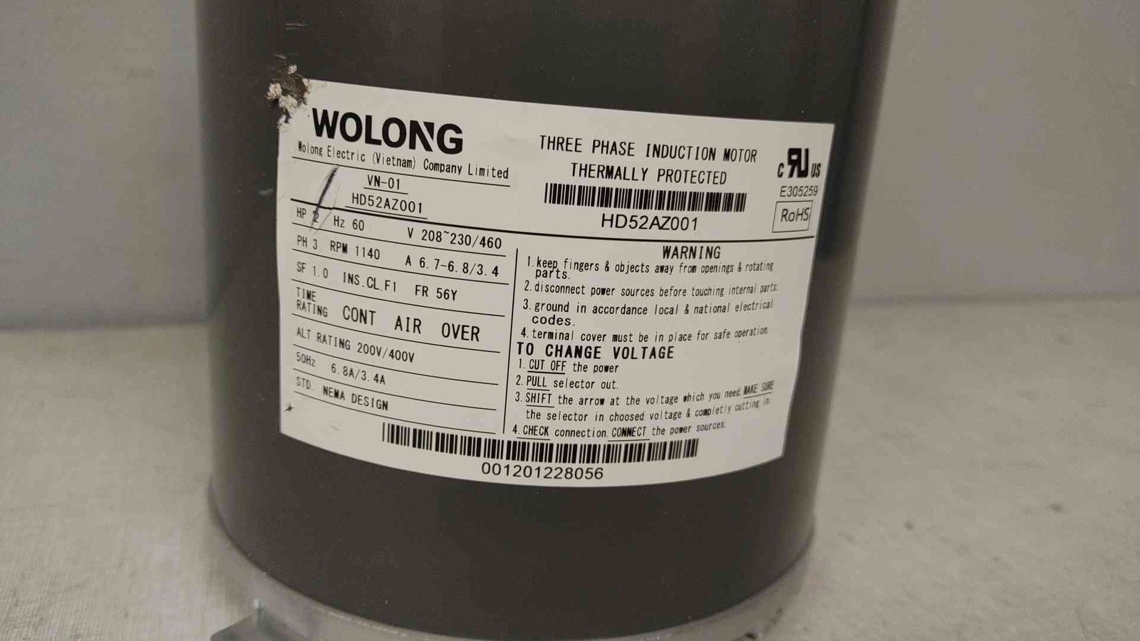 Wolong Electric 3 Ph Induction Motor HD52AZ001 2 HP 60 Hz 208/460 V (109458)