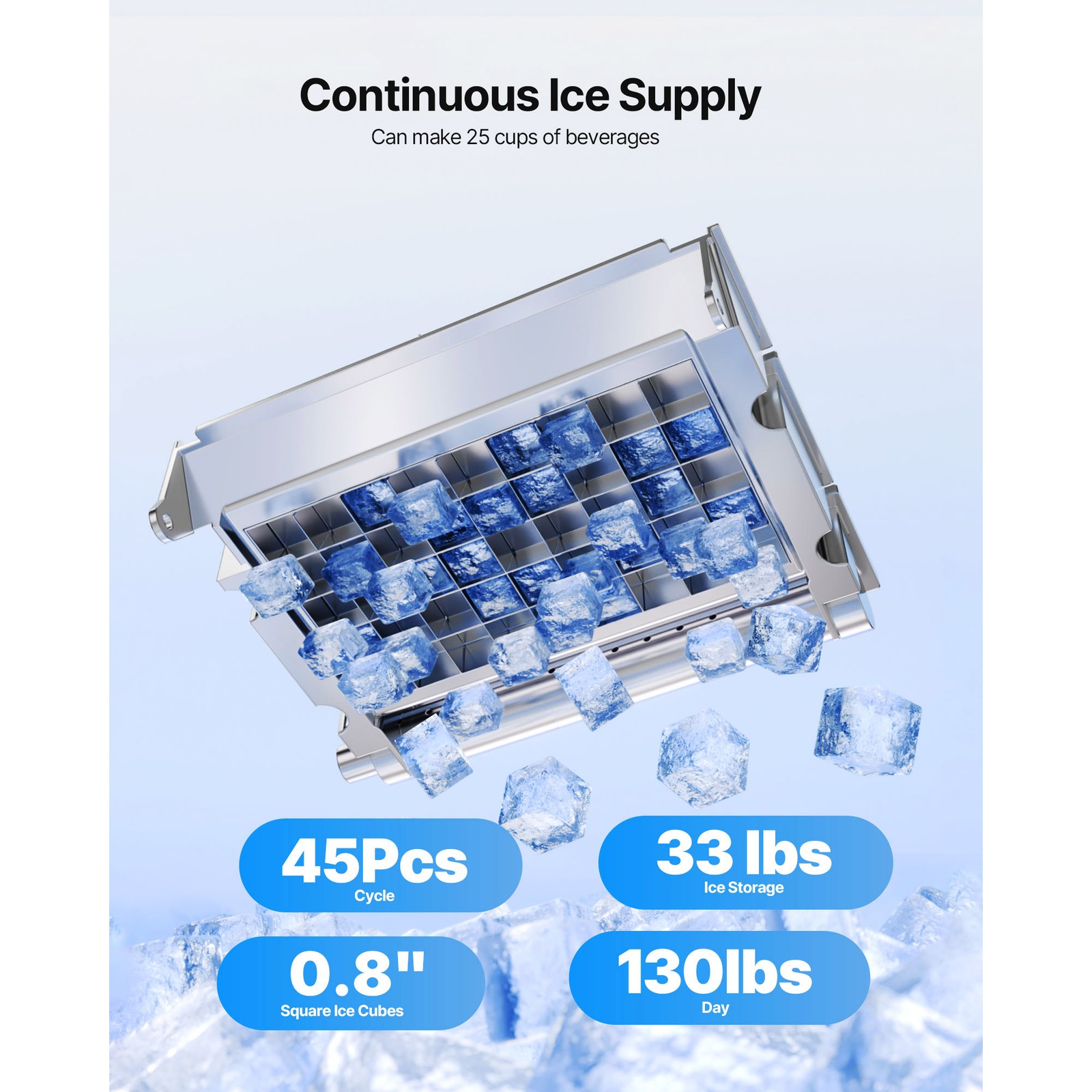 Uimoso 130Lbs Commercial Ice Maker Bar Restaurant Ice Cube Machine 33Lb Storage