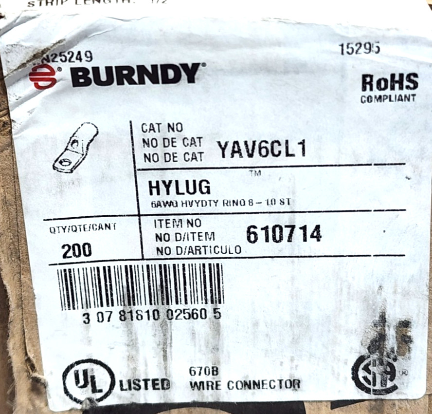 Box of 200 BURNDY YAV6CL1 6 AWG Compression HYLUG #8 – #10 Stud Hole