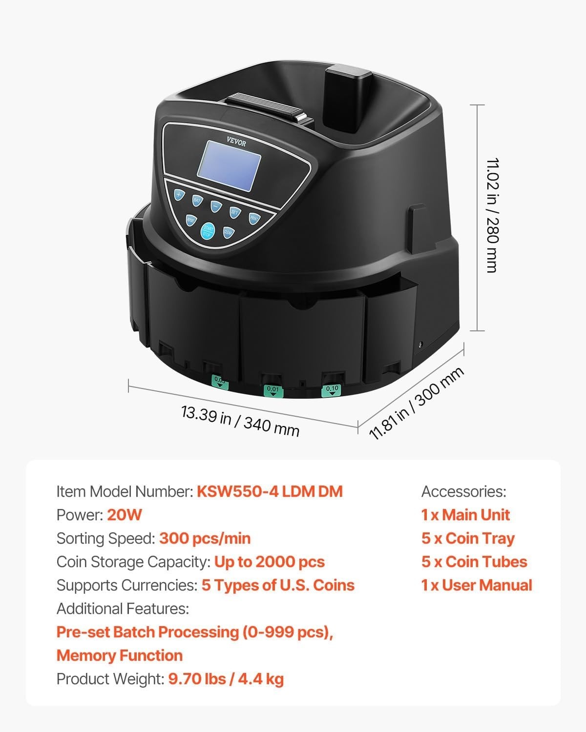 VEVOR USD Coin Sorter Counter Wrapper Roller 300 Coins/min 5 Tubes LCD Display