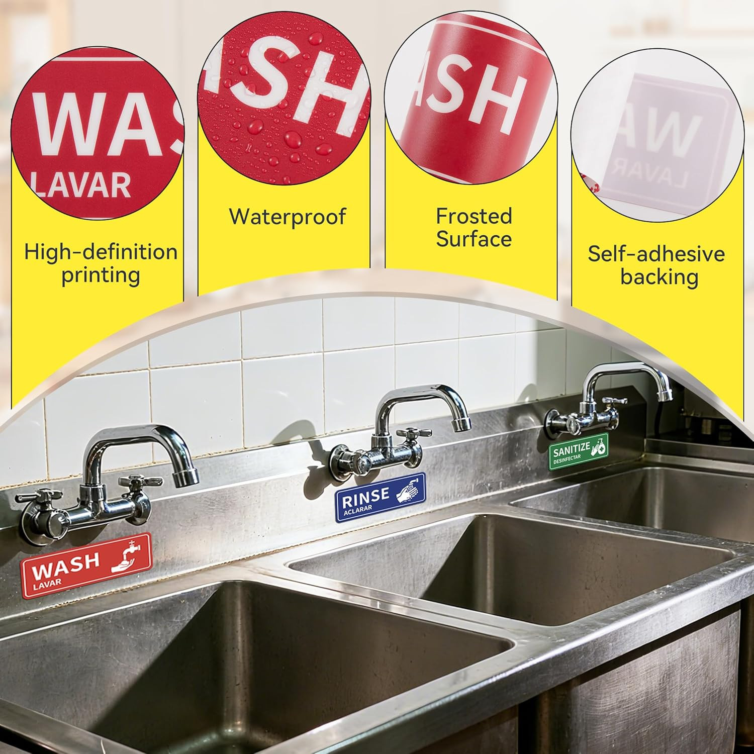 4PCS Wash Rinse Sanitize Sink Labels Stickers, Waterproof Hand Wash Only Sign, S