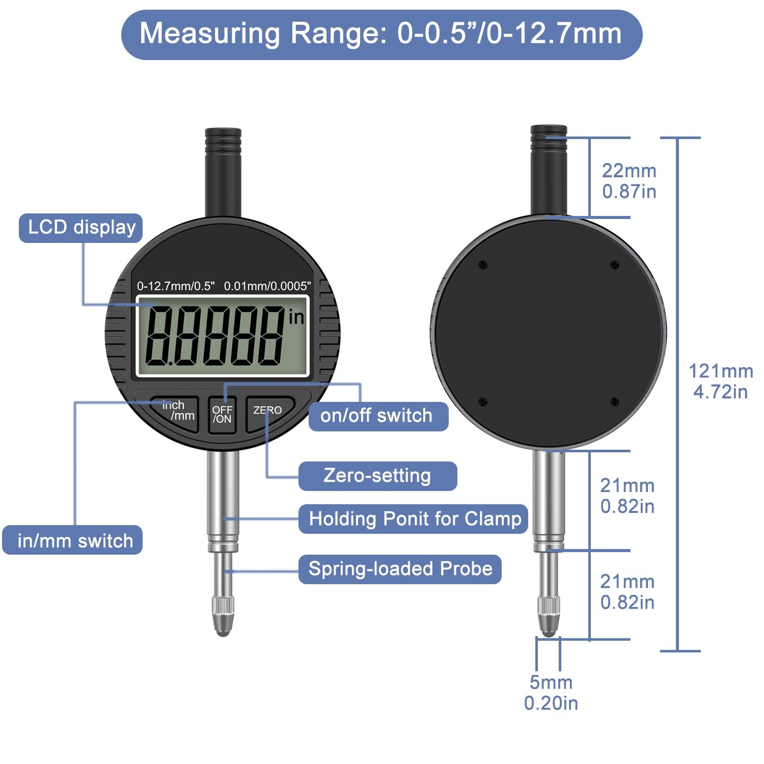 HDLNKAK Electronic Digital Dial Indicator Gauge 0-12.7mm/0.5” Inch/Metric Con…