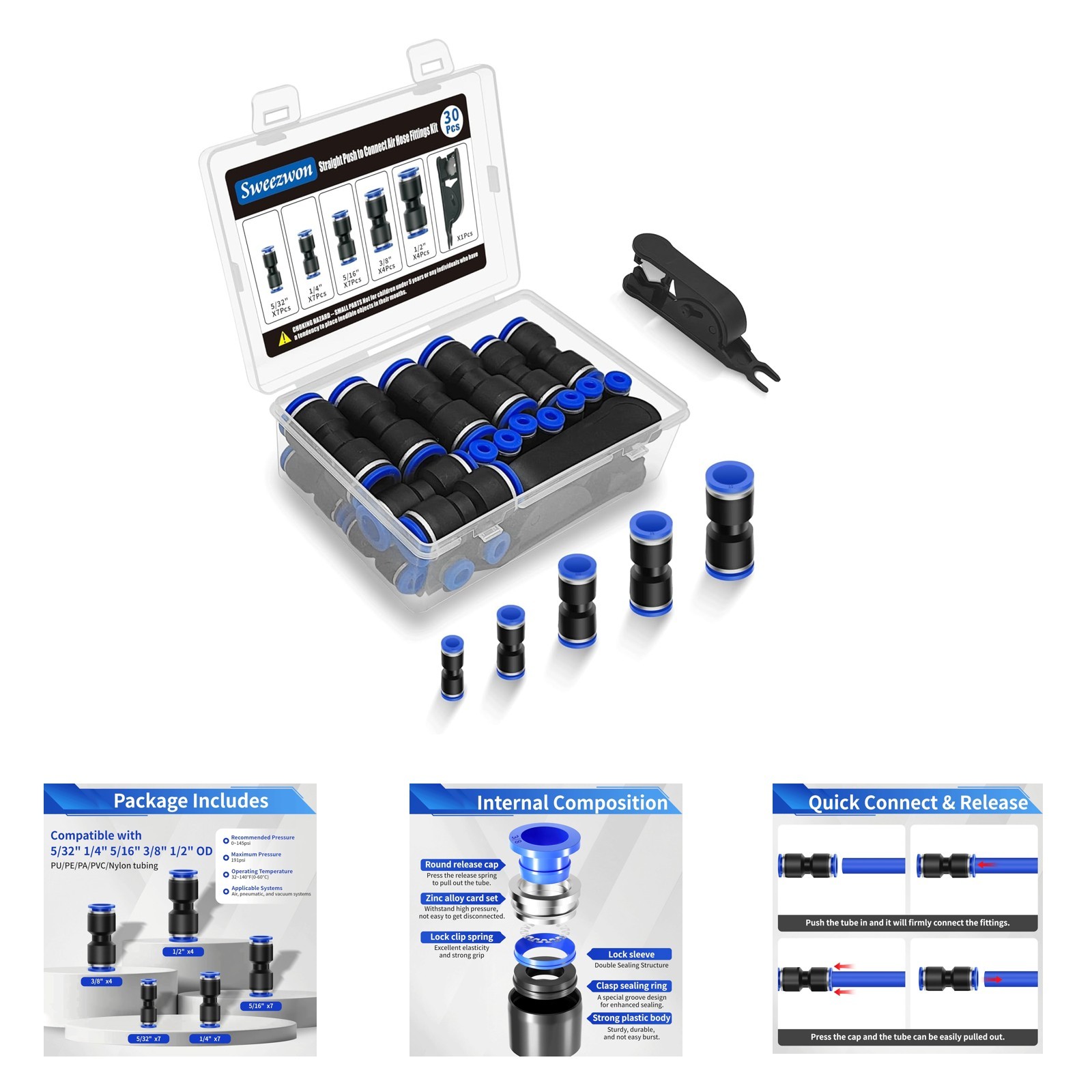 Push to Connect Air Hose Fittings Kit with Tubing Cutter, 30 Pieces, 5/32 to 1/2