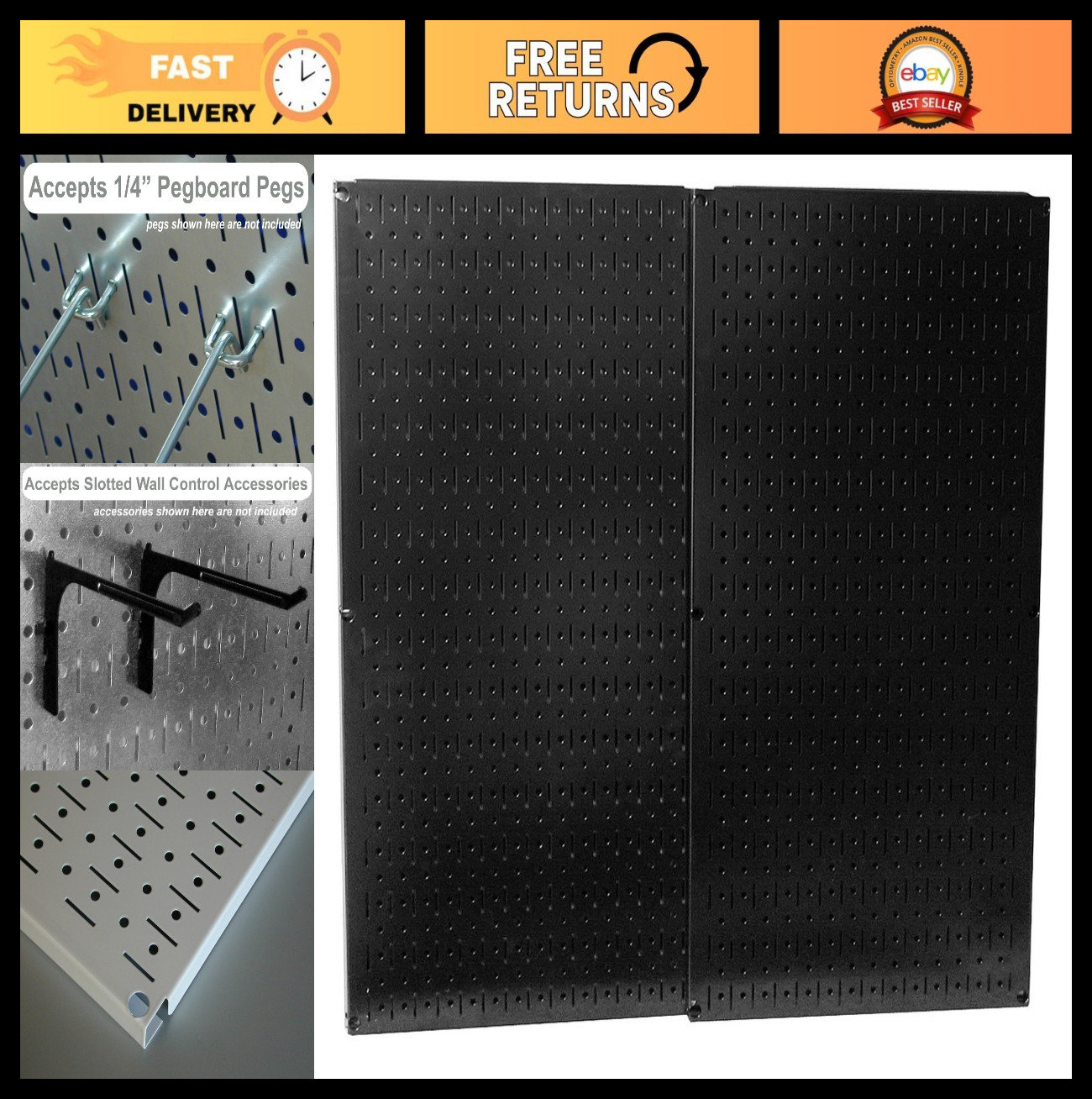 Black Metal Pegboard Set – (2) 32″ x 16″ Wall Panels for Tools & Organization