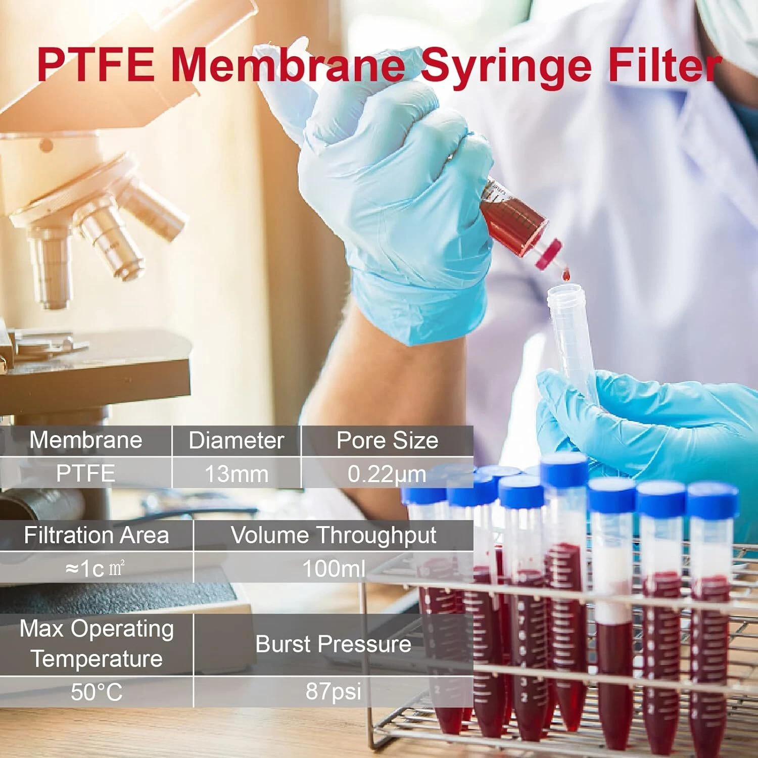 100Pcs Non Sterile PTFE Membrane Syringe Filter 13mm 0.22 Chemistry Hydrophilic